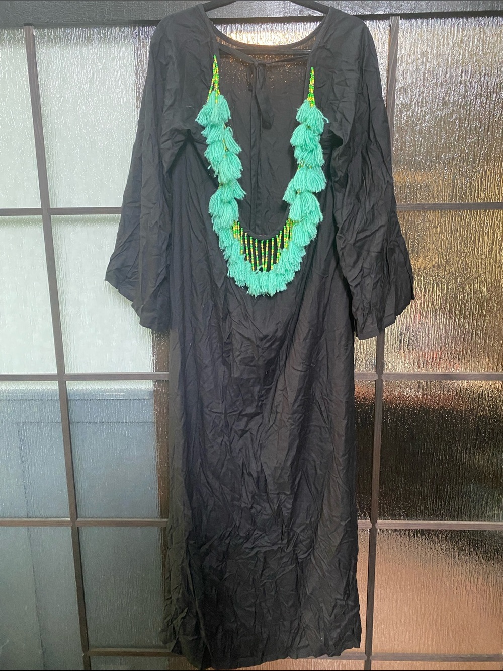 Black Long Sleeve Maxi Dress with Teal Tassel Back Necklace Detail